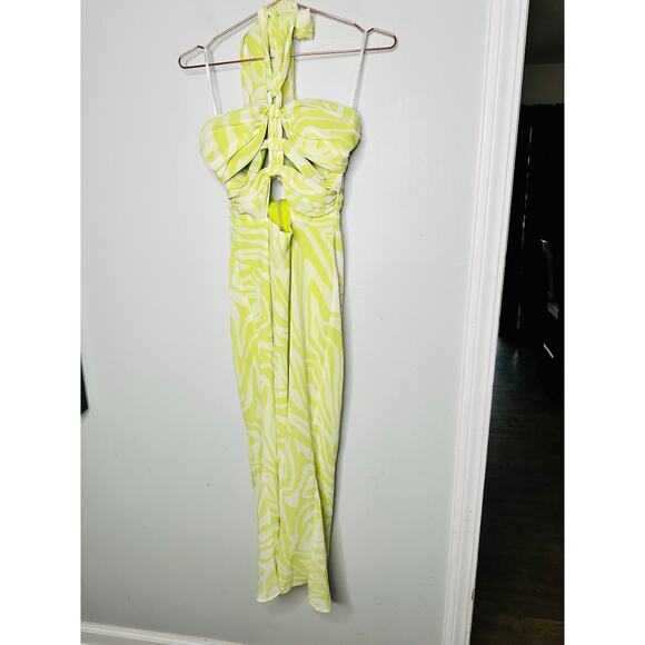RONNY KOBO X RTR Green Printed Knotted Neckline Waist Cutout Dress Size 4 - Picture 4 of 16
